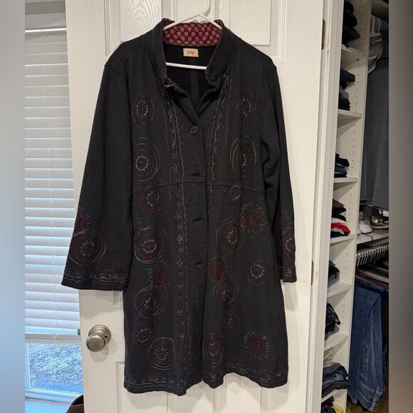 Dark Gray and Red Long Cardigan with Intricate Pattern Cotton size L - Picture 1 of 9